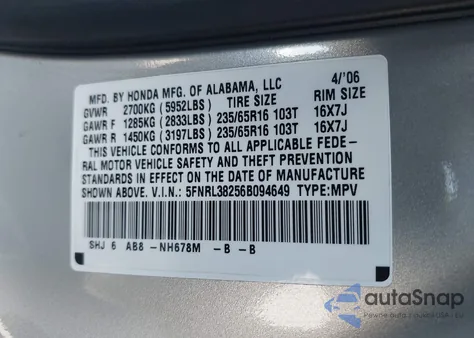 2006 Honda Odyssey Lx z USA, uszkodzony, nr VIN 5FNRL38256B094649
